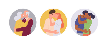 Beautiful couples kissing and hugging together celebrating anniversary, happy valentines day setのイラスト素材