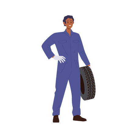Male auto mechanic cartoon character holding car tire standing isolated on white backgroundのイラスト素材