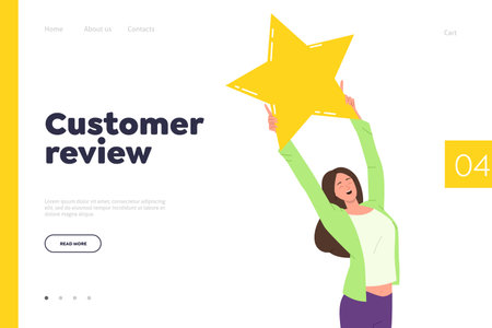 Customer review landing page design template with young woman giving high quality star ratingのイラスト素材