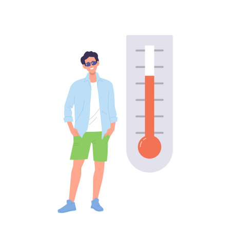 Young hipster man cartoon character enjoying high temperature degree showing by thermometerのイラスト素材