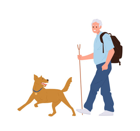 Happy retired man backpacker cartoon character walking dog enjoying hiking activity outdoorsのイラスト素材