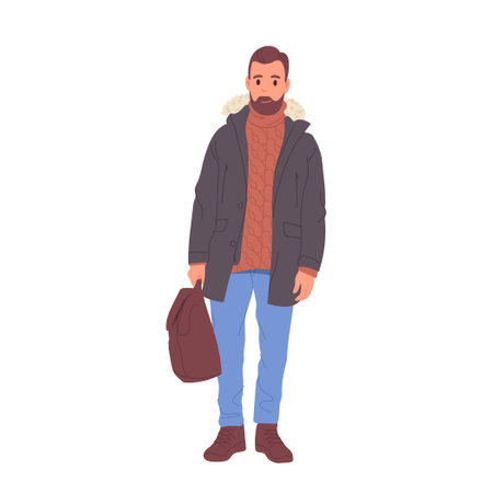 Man wearing stylish cozy sweater under warm outwear and comfortable boots holding backpackのイラスト素材