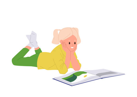 Little kid cartoon character reading interesting book lying on floor isolated on white backgroundのイラスト素材