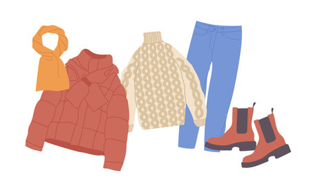 Cozy winter clothes for young people, modern trendy outfit kit of outwear for teenager studentsのイラスト素材