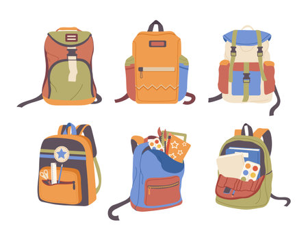 Isolated set of schoolbags front view design, casual rucksack for college or university studentsのイラスト素材