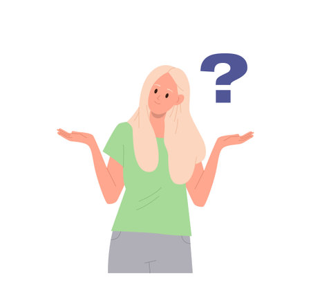 Confused woman thinking with question mark looking overwhelmed and puzzled asking for helpのイラスト素材