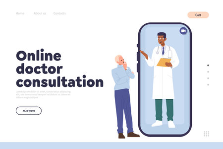 Online doctor consultation landing page with man patient having virtual video chat with therapistのイラスト素材