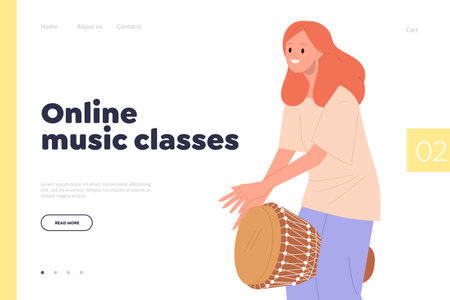 Online music classes landing page design template with woman character musician playing djembe drumのイラスト素材