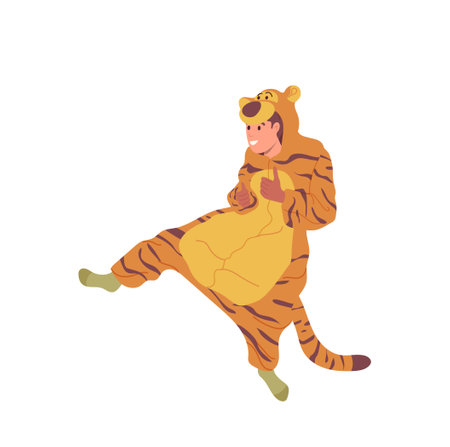 Happy overjoyed teen boy cartoon character wearing tiger kigurumi pajamas costume isolated on whiteのイラスト素材