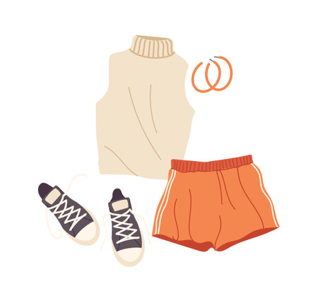 Summer sports wear for young adult woman and trendy earrings accessory, trendy 90s fashion kitのイラスト素材