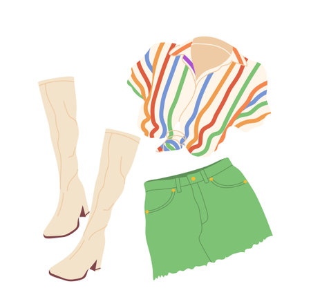 Trendy 90s fashion clothes for woman collection with casual shirt, skirt and long boots isolated on whiteのイラスト素材