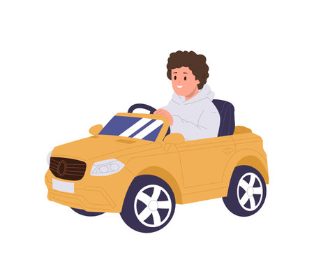 Little boy child cartoon preschooler character driving big toy car isolated on white backgroundのイラスト素材