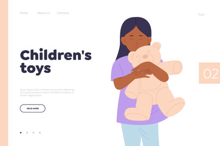 Online shopping service offering children toys landing page design template with cute kid characterのイラスト素材
