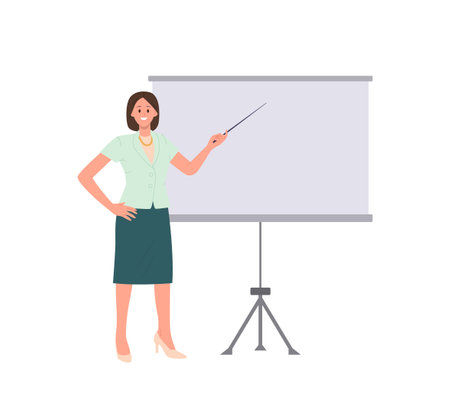 Woman business trainer giving lecture making presentation nearby whiteboard with copy spaceのイラスト素材