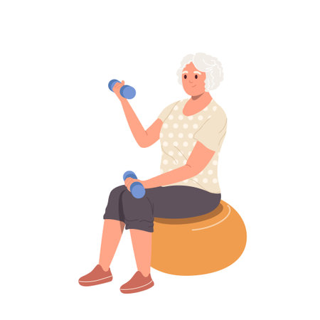 Isolated senior woman cartoon character sitting in fitness ball for training using dumbbells weightsのイラスト素材