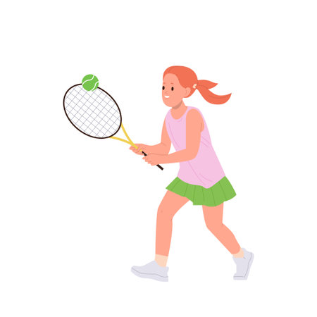 Cute little girl child playing big tennis hitting ball with racket in hand isolated on whiteのイラスト素材