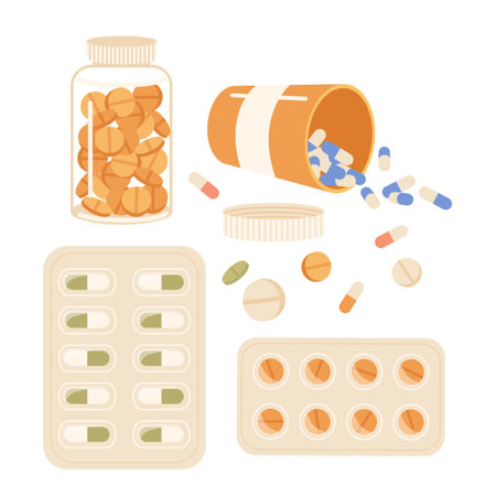 Medical pills, tablets and capsules in plastic bottle, glass jar and blister isolated on whiteのイラスト素材