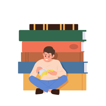 Interested curious school boy child student flat cartoon character reading feeling inspirationのイラスト素材