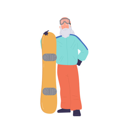 Brave active senior snowboarder man cartoon character enjoying extreme winter sport activityのイラスト素材