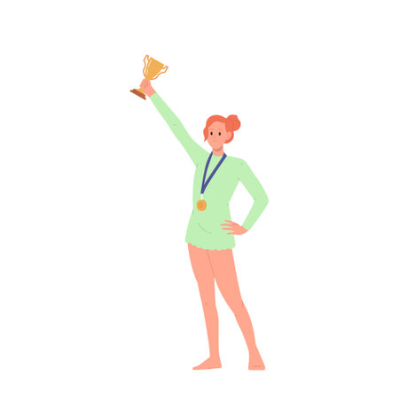 Young sportswoman gymnast celebrating success and victory holding goblet cup trophy rewardのイラスト素材