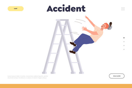 Accident concept for landing page template with man employee worker falling down from ladderのイラスト素材