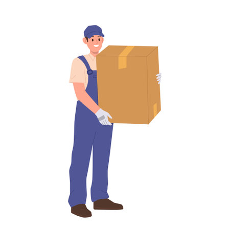 Courier loader cartoon character providing help in relocation and home moving isolated on whiteのイラスト素材