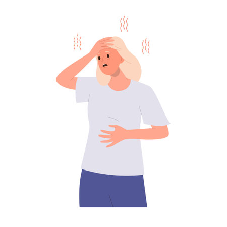 Young woman feeling sick suffering from pain in stomach trembling with body isolated on whiteのイラスト素材