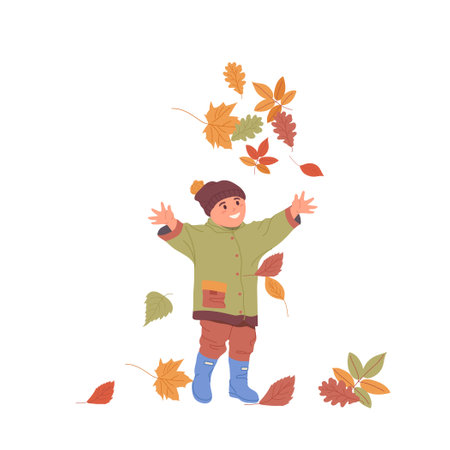 Happy little preschool child cartoon character rejoicing autumn throwing fallen leaves up in airのイラスト素材
