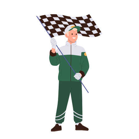 Isolated smiling pit stop worker cartoon character in green team uniform holding checkered flagのイラスト素材