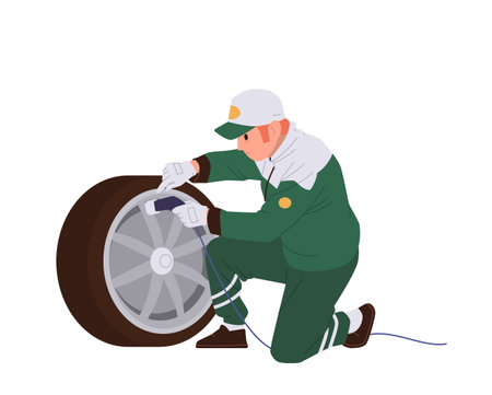 Pit stop technician engaged in sport formula racing car wheel replacement isolated on whiteのイラスト素材