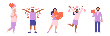 Isolated set of charming people cartoon characters falling in love feeling happiness and amorousnessのイラスト素材