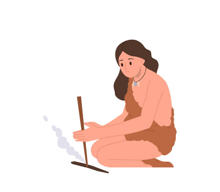 Tribal woman cartoon character representative of old civilization making fire isolated on whiteのイラスト素材
