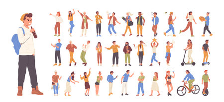 Teenager people set doing different things engaged in various hobby choosing multifarious lifestyleのイラスト素材
