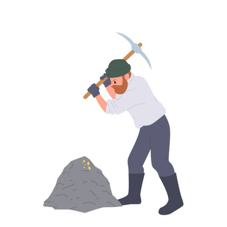Male gold digger cartoon character working with pickaxe mining precious material isolated on whiteのイラスト素材