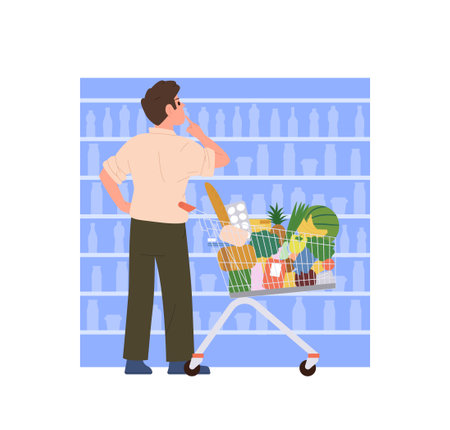 Man cartoon character visiting supermarket doing shopping at dairy store department choosing productのイラスト素材