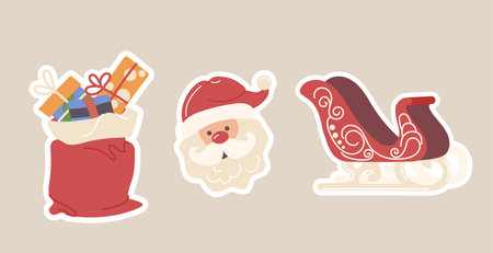 Christmas holiday collection with Santa Clause funny face, red sack of gifts and magic sleighのイラスト素材