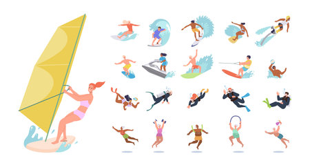 Man woman cartoon characters set enjoying water extreme sports activities and fun hobby recreationのイラスト素材