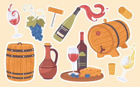 Winemaking and traditional grapes alcohol drink production, wine tasting, degustation at vineyardのイラスト素材