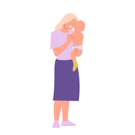 Happy mother cuddling with little healthy toddler child holding on hand with tenderness and loveのイラスト素材