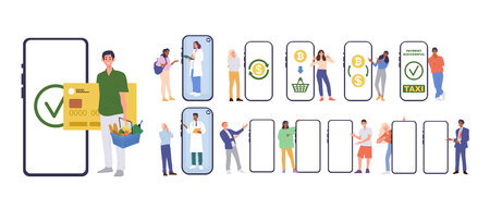 Set of people cartoon character using smartphone for online consultation, calling taxi, shoppingのイラスト素材