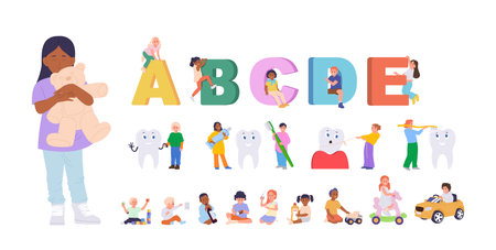 Children cartoon characters set with boy and girl studying, leisure and hygiene daily activitiesのイラスト素材