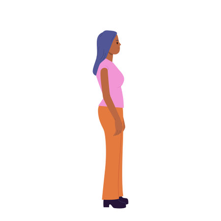 Trendy fashion woman cartoon character standing backside, looking forward and waiting somethingのイラスト素材