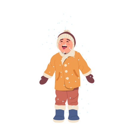 Happy cheerful preschool boy child with open mouth catching cold fresh snow falling from skyのイラスト素材