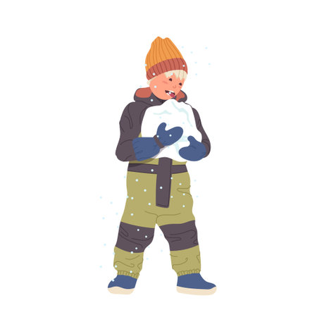 Funny little boy toddler licking big ball made from snow rejoicing snowfall and winter activitiesのイラスト素材