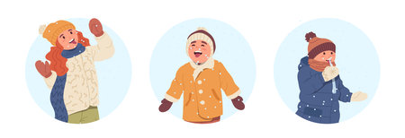 Isolated round avatar composition with happy positive children characters celebrating first snowのイラスト素材