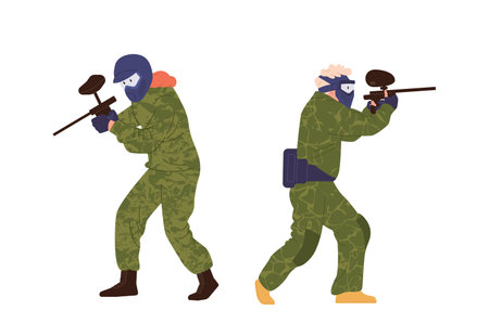 Paintball shooter cartoon character wearing camouflage aiming with riffle gun isolated setのイラスト素材