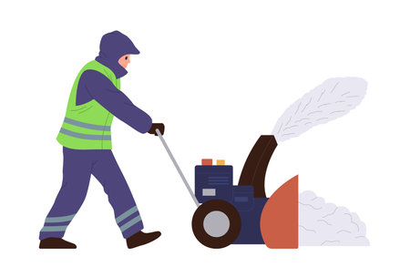 Man janitor cartoon character in uniform using automatic snowblowler machine for cleaning streetのイラスト素材