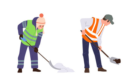 People road worker cartoon characters working with shovel digging ground and cleaning snowのイラスト素材
