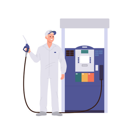 Man gas station worker cartoon character in uniform holding filling gun standing nearby petrol pumpのイラスト素材