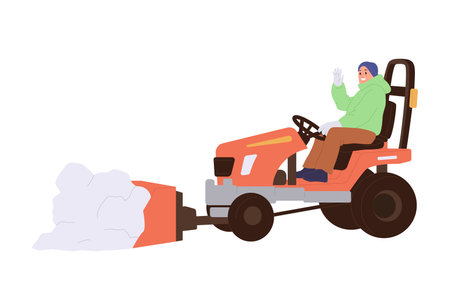 Man cartoon character driving snow dump tractor cleaning street from snow isolated on whiteのイラスト素材